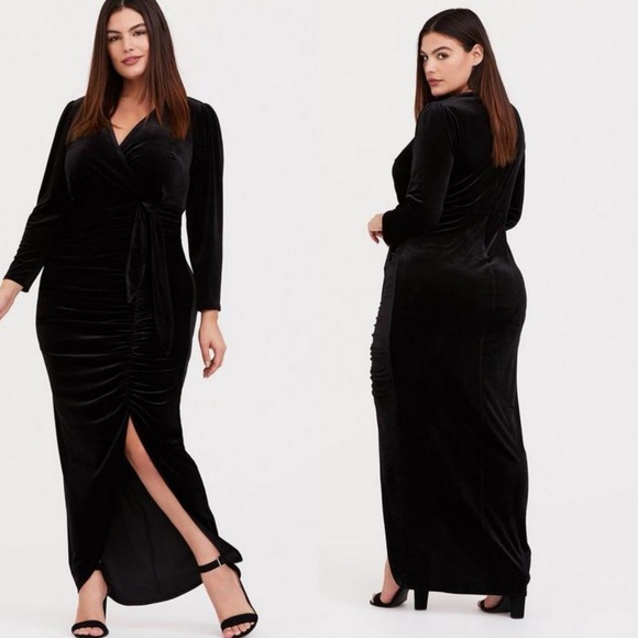 torrid Dresses & Skirts - Torrid High Slit Maxi Dress Black Velvet Long Sleeve Bodycon Size 24 Stretch